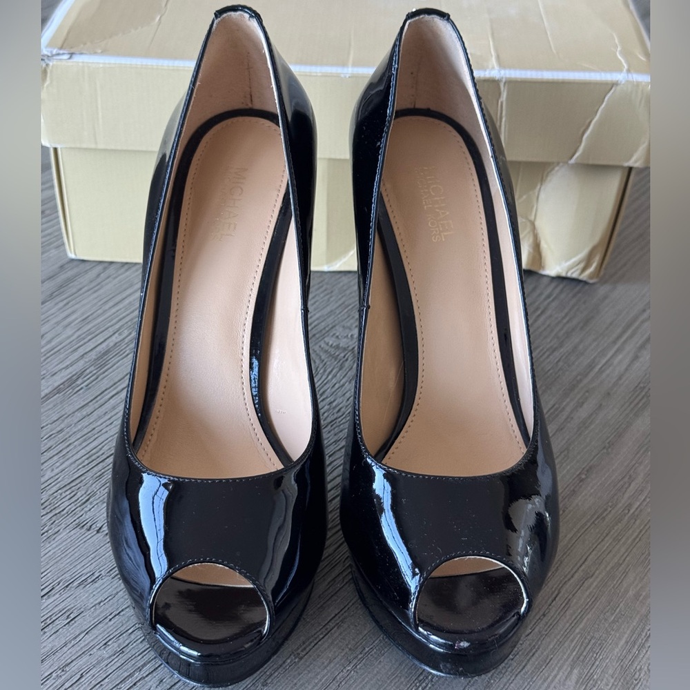 Michael Kors 4 Inch Stiletto Heels, Peep Toe, Black Patent Leather, Size 6.5